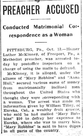 Kristin Holt | Nineteenth Century Mail-Order Bride SCAMS, Part 2. Preacher Accused of Conducting a Matrimonial Correspondence as a Woman. Published in The Saint Paul Globe of Saint Paul, Minnesota on October 14, 1904.