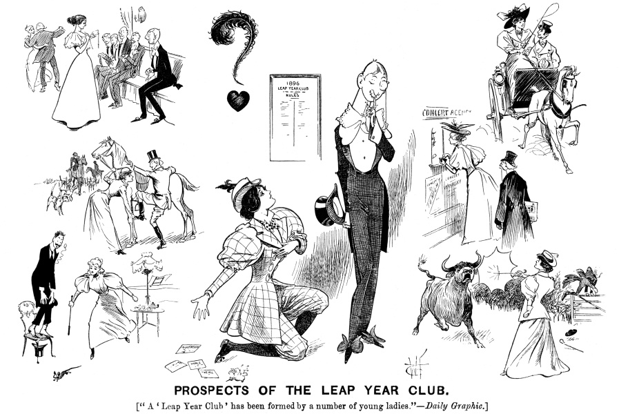 Kristin Holt | Victorian Leap Year Traditions Part 2. Prospects of Leap Year Club. Women in man's roles. charicatures. Image: Daily Graphic (vintage publication)
