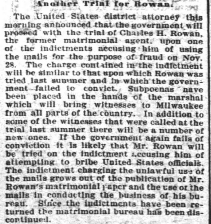 Kristin Holt | Nineteenth Century Mail-Order Bride SCAMS, Part 11. "Another Trial for Rowamn." Rowan. Published in The Inter-Ocean of Chicago, Illinois on November 15, 1900.