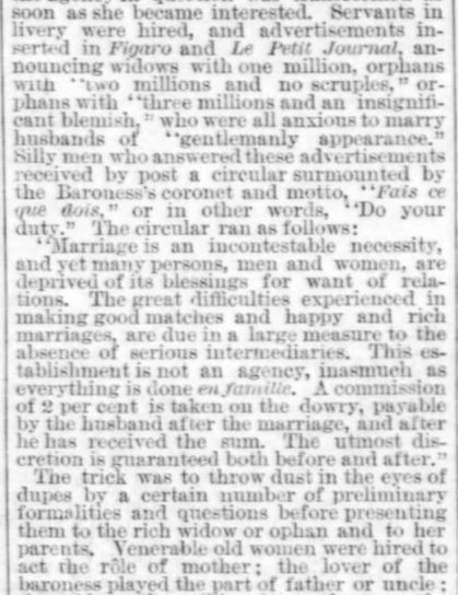 Kristin Holt | Nineteenth Century Mail-Order Bride SCAMS, Part 2. The Times-Democrat of New Orleans, Louisiana on April 24, 1887. "Miss Leal, the Spotless Widow and the Blemished Orphan--How Matrimonial Agencies Do Their Work." Part 2 of 7.