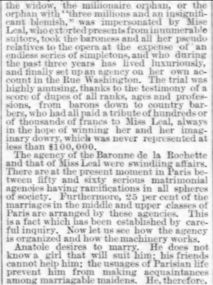 Kristin Holt | Nineteenth Century Mail-Order Bride SCAMS, Part 2. The Times-Democrat of New Orleans, Louisiana on April 24, 1887. "Miss Leal, the Spotless Widow and the Blemished Orphan--How Matrimonial Agencies Do Their Work." Part 3 of 7.