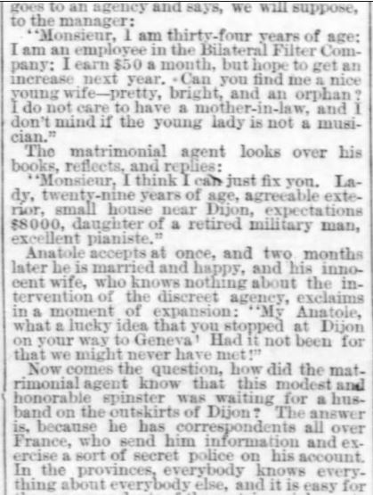 Kristin Holt | Nineteenth Century Mail-Order Bride SCAMS, Part 2. The Times-Democrat of New Orleans, Louisiana on April 24, 1887. "Miss Leal, the Spotless Widow and the Blemished Orphan--How Matrimonial Agencies Do Their Work." Part 4 of 7.