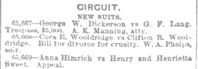 Kristin Holt | Nineteenth Century Mail-Order Bride SCAMS, Part 5. Suit of divorce for cruelty, Cora E. Wooldridge vs Clifton R. Wooldridge. Published in the Inter Ocean of Chicago, Illinois on March 28, 1888.