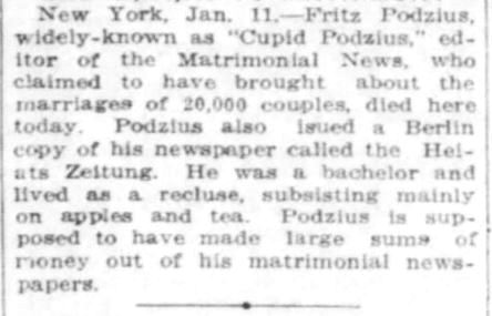 Kristin Holt | The York Daily, York, PA. 12 Jan 1916. Death notice of Fritz Podzius, and his claim of bringing about 20,000 marriages.