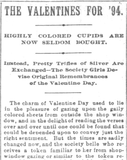 Kristin Holt | Victorian Era Valentine's Day. The Indianapolis News. Indianapolis IN. 10 February 1894. The Valentines for '94. "Original Cards Only". Part 1 of 3