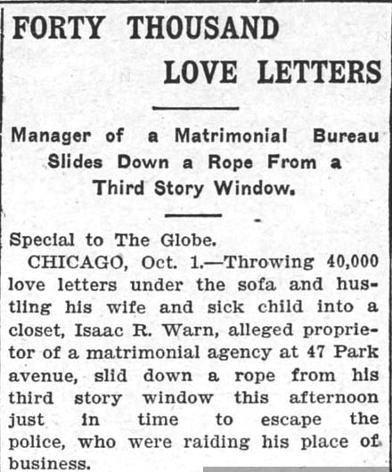 Kristin Holt | Nineteenth Century Mail-Order Bride SCAMS, Part 10. "Forty Thousand Love Letters. Manager of a Matrimonial Bureau Slides Down a Rope From a Third Story Window." The Saint Paul Globe of Saint Paul, Minnesota, October 2, 1902. Part 1 of 3.