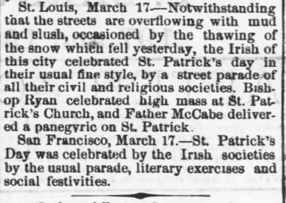 Kristin Holt | Victorian America Celebrates St. Patrick's Day. Header image of newspaper article. "St. Patrick's Day---The Anniversary Generally Observed Throughout the Country." Published in The Daily Commonwealth of Topeka, Kansas on March 18, 1879. Part 3 of 3. Continues with explanation of St. Patrick's Day celebrations in St. Louis and San Francisco.