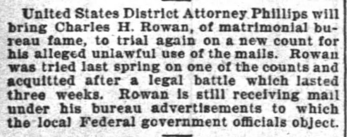 Kristin Holt | Nineteenth Century Mail-Order Bride SCAMS, Part 11. Charles Rowan Matrimonial Agency in The Inter-Ocean of Chicago, Illinois. Dated October 11, 1899.