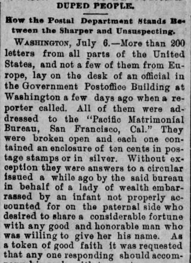 Kristin Holt | Nineteenth Century Mail-Order Bride SCAMS, Part 7. "Duped People: How the Postal Department Stands Between the Sharper and Unsuspecting." From The Plain Speaker of Hazelton, Pennsylvania. July 7, 1890. Part 1 of 3.