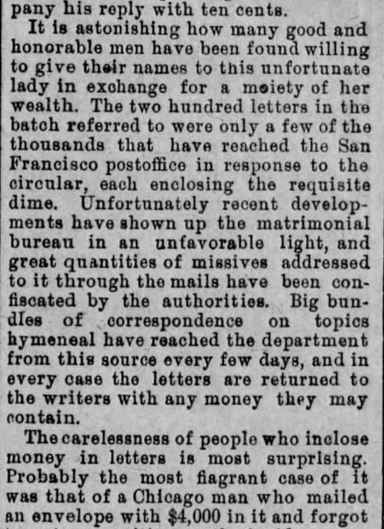 Kristin Holt | Nineteenth Century Mail-Order Bride SCAMS, Part 7. "Duped People: How the Postal Department Stands Between the Sharper and Unsuspecting." From The Plain Speaker of Hazelton, Pennsylvania. July 7, 1890. Part 2 of 3.