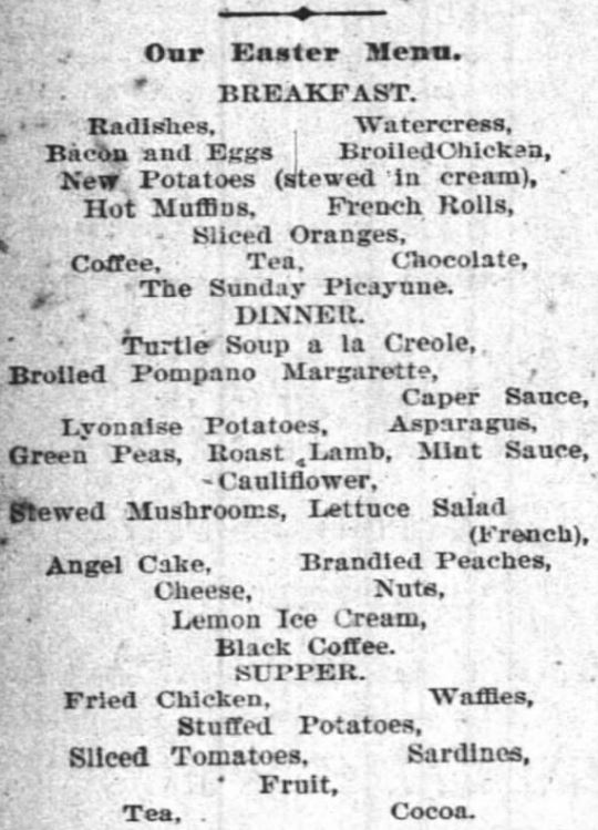 Kristin Holt | Victorian America Celebrates Easter. "Our Easter Menu" from The Times-Picayune newspaper of New Orleans, Louisiana, on March 25, 1894.