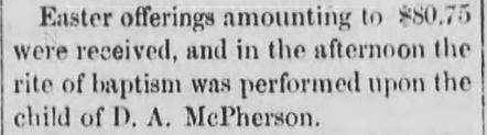 Kristin Holt | Victorian America Celebrates Easter. From the Black Hills Weekly Pioneer, Deadwood, South Dakota, 23 April 1881: "Easter offerings amounting to $80.75 were received, and in the afternoon the rite of baptism was performed upon the child of D. A. McPherson."