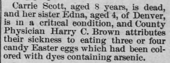 Kristin Holt | Victorian America Celebrates Easter. Amador Ledger of Jackson, California, 26 April 1901. Child dies, another critically ill, after ingesting Easter egg candy which had been colored with dyes containing arsenic.