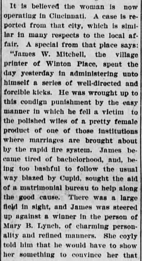 Kristin Holt | Nineteenth Century Mail-Order Bride SCAMS, Part 8. Published in the Akron Daily Democrat of Akron, Ohio on January 24, 1900. Part 3 of 5.