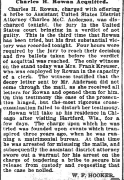 Kristin Holt | Nineteenth Century Mail-Order Bride SCAMS, Part 11. Charles H. Rowan acquitted. The Inter-Ocean, Chicago, Illinois. Dated January 23, 1902.