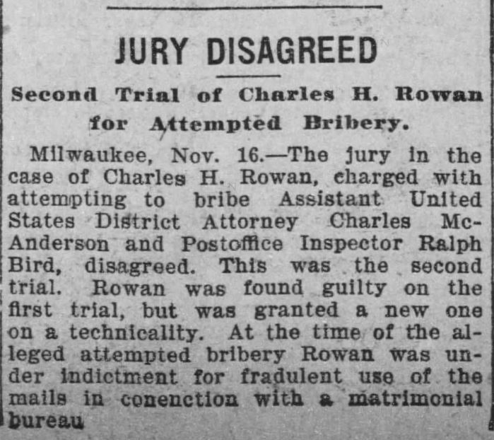 Kristin Holt | Nineteenth Century Mail-Order Bride SCAMS, Part 11. Rowan's Jury Disagreed. The Minneapolis Journal of Minneapolis, Minnesota. November 16, 1901.