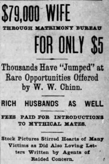 Kristin Holt | Nineteenth Century Mail-Order Bride SCAMS, Part 10. Stock Photos sent by Chinn's Matrimonial Agency. "$79,000 Wife Through Matrimony Bureau For Only $5." St. Louis Post-Dispatch, St. Louis, Missouri, on October 30, 1902.