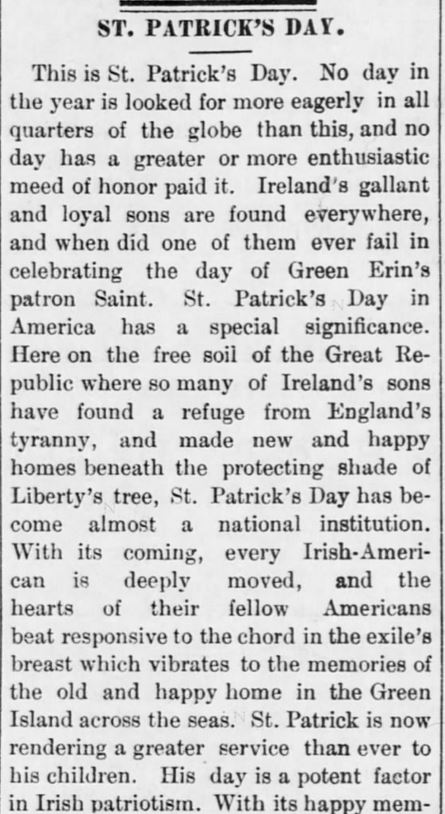 Kristin Holt | Victorian America Celebrates St. Patrick's Day. "This is St. Patrick's Day." From the Salt Lake Evening Democrat of Salt Lake City, Utah Territory, March 17, 1887. Part 1 of 2.
