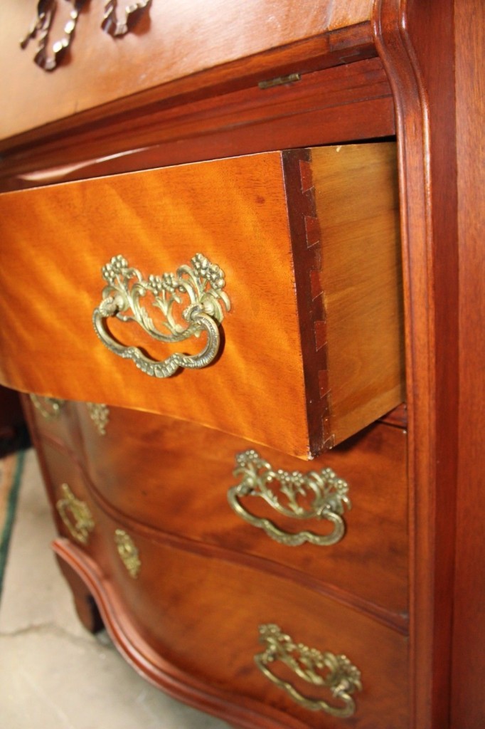 Kristin Holt | Victorian Combination Desk and Book Cabinet. Secretary, built 1882, currently for sale on ebay. Open drawer shows dovetail carpentry.