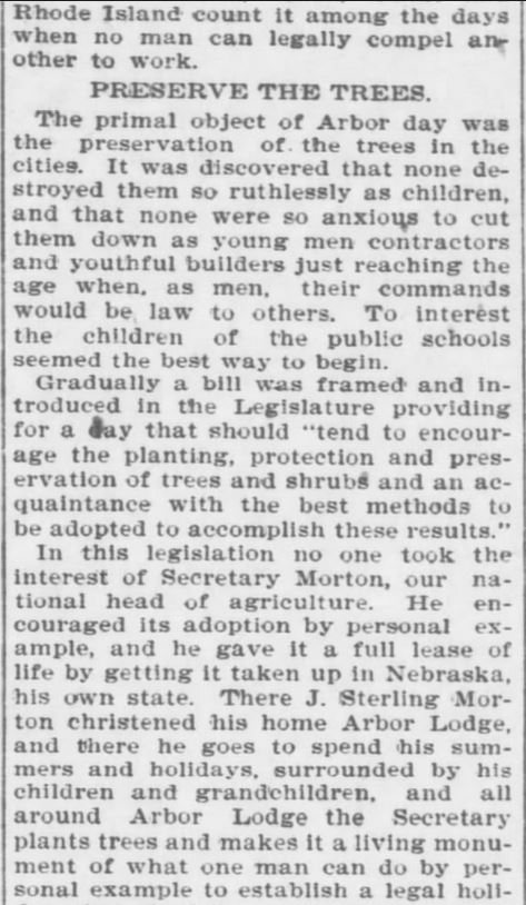 Kristin Holt | Victorian America Celebrates Arbor Day. "Morton's Arbor Day." The founder's birthday honored by Nebraska's Arbor Day. The Topeka Daily Capital of Topeka, Kansas on April 22, 1896. Part 2 of 8.
