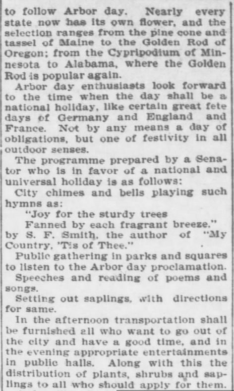 Kristin Holt | Victorian America Celebrates Arbor Day. "Morton's Arbor Day." The founder's birthday honored by Nebraska's Arbor Day. The Topeka Daily Capital of Topeka, Kansas on April 22, 1896. Part 7 of 8.