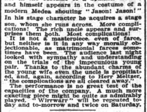Kristin Holt | Mail-Order Bride Farces...for Entertainment? "Wirrwarr" as a Light and Merry Matrimonial Burlesque (Farce at the Irving Place). Advertised in New York Times, New York, New York, on 26 October, 1904. Part 2.