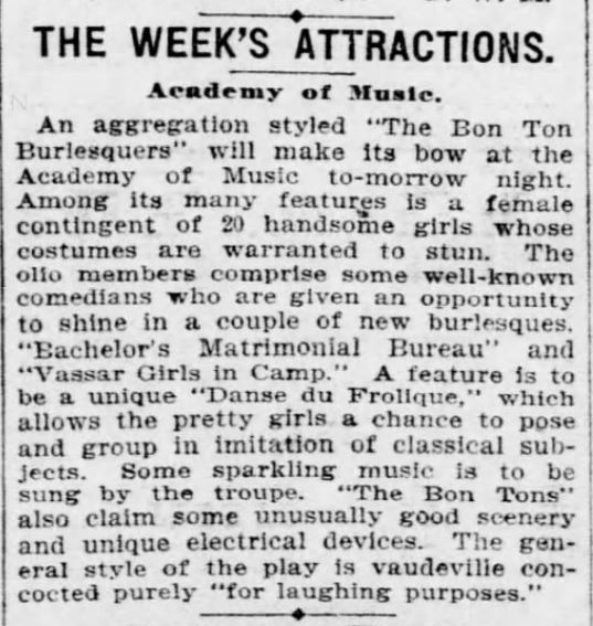 Kristin Holt | Mail-Order Bride Farces...for Entertainment? "Bachelor's Matrimonial Bureau" on stage. Advertised in Pittsburgh Daily Post of Pittsburgh, Pennsylvania on October 3, 1897.