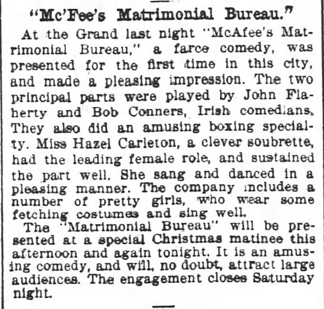 Kristin Holt | Mail-Order Bride Farces...for Entertainment? McFee's Matrimonial Bureau Farce for the Stage advertised in The Atlanta Constitution, December 25, 1896.