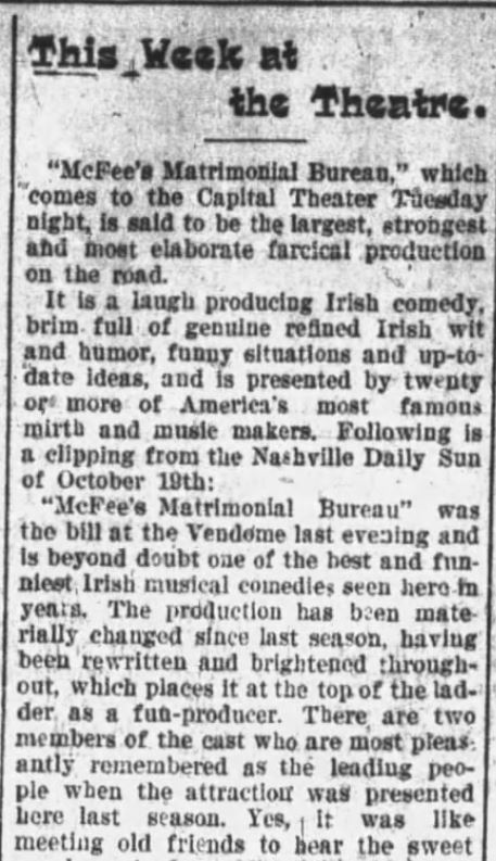 Kristin Holt | Mail-Order Bride Farces...for Entertainment? McFee's Matrimonial Bureau plays at Capital Theater. Daily Arkansas Gazette of Little Rock, Arkansas on November 28, 1897. Part 1 of 2.