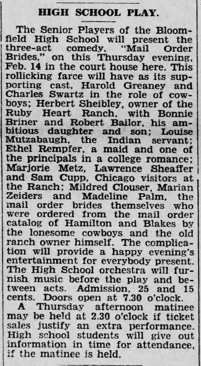 Kristin Holt | Mail-Order Bride Farces...for Entertainment? Mail Order Bride High School Play, reported in The Perry County Democrat of Bloomfield, Pennsylvania, on 13 February, 1935.