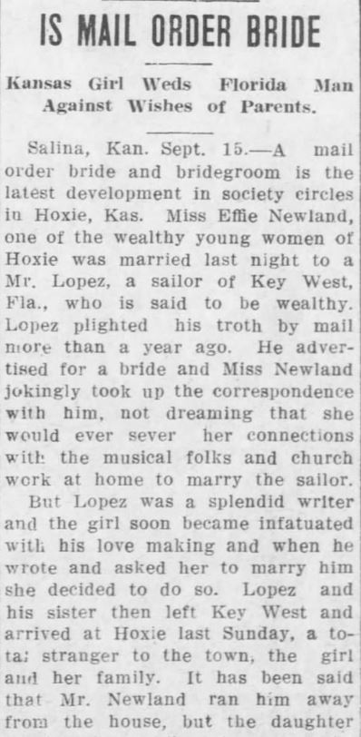 Kristin Holt | Kansas Girl became infatuated with Florida Man's Love Making (term is obviously a G-rated definition, late 1800s). Part 1. The Leavenworth Post of Leavenworth, Kansas on 15 September, 1910.