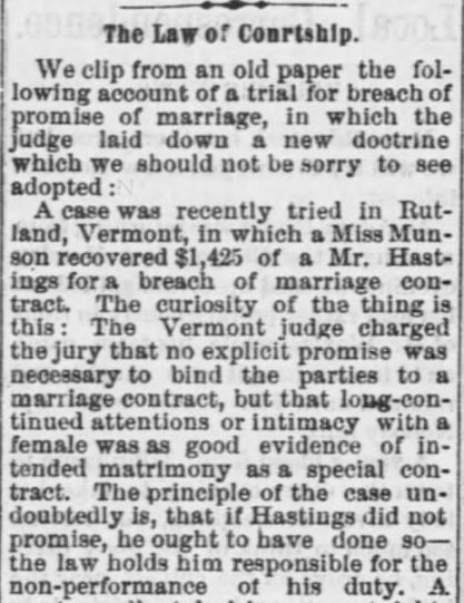 Kristin Holt | Victorian American Romance and Breach of Promise. Part 1 of 3. The Law of Courtship from Tiffin Tribune of Tiffin, Ohio, on January 22, 1874.