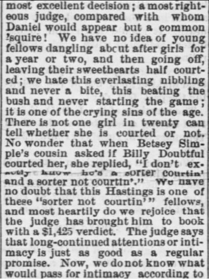 Kristin Holt | Victorian American Romance and Breach of Promise. Part 2 of 3. The Law of Courtship from Tiffin Tribune of Tiffin, Ohio, on January 22, 1874.
