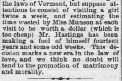 Kristin Holt | Victorian American Romance and Breach of Promise. Part 3 of 3. The Law of Courtship from Tiffin Tribune of Tiffin, Ohio, on January 22, 1874.
