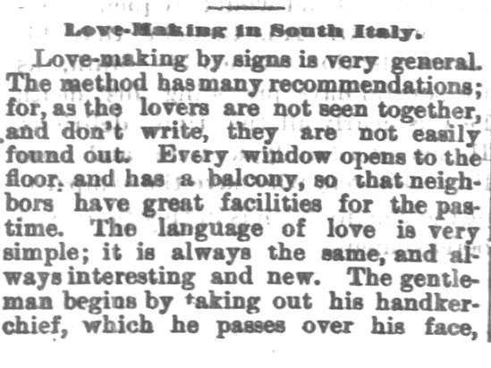 Kristin Holt | 1800s Love-making in South Italy, Part 1. From Chetopa Advance of Chetopa, Kansas on March 27, 1879.