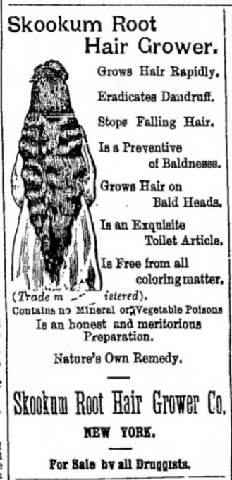 Kristin Holt | L-O-N-G Hair. Vintage advertisement for Skookum Root Hair Grower. From The Ogden Standard Examiner of Ogden, Utah Territory on 20 Sept 1891.