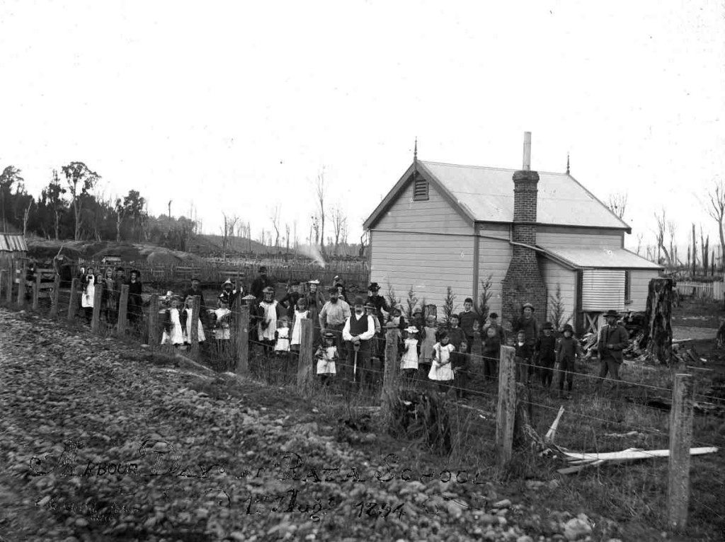 Kristin Holt | Victorian America Celebrates Arbor Day. Vintage photograph: Group of children and adults outside Rata School on Arbor Day, 1 August 1894, Ohingaiti district (Rangitikei). Taken by Edward George Child. Alexander Turnbull Library ref. ID: 1/1-011003-G. [source]