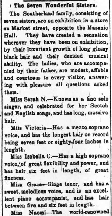 Kristin Holt | L-O-N-G Victorian Hair. The Seven Wonderful Sisters (The Seven Southerland Sisters) with their long hair, mentioned in The Daily Review of Wilmington, North Carolina, on 27 March, 1882.
