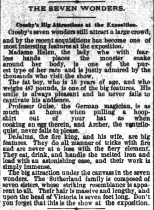 Seven Wonders: Sutherland Sisters, in The Atlanta Constitution of Atlanta, Georgia, on 22 December, 1881.