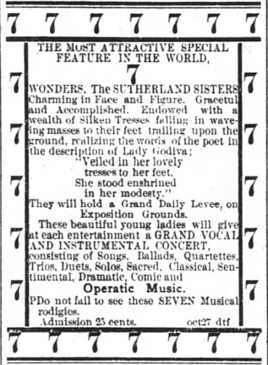 Kristin Holt | L-O-N-G Victorian Hair. The Sutherland Sisters advertised within The Atlanta Constitution of Atlanta, Georgia, on 29 October, 1881.