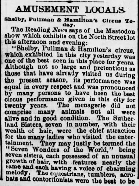 Kristin Holt | L-O-N-G Victorian Hair. 1: Sutherland Sisters, Part 1. Harrisburg Telegraph of Harrisburg, Pennsylvania on 26 July, 1881.