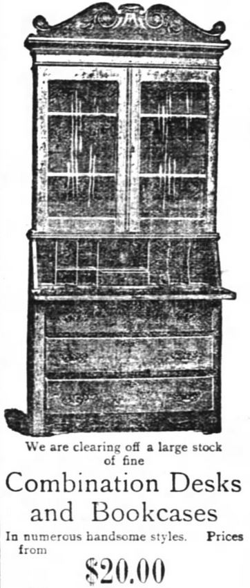 Kristin Holt | Victorian Combination Desk and Book Cabinet. Combination desk and bookcase for sale. Advertised in The Inter Ocean of Chicago, Illinois. Dated October 29, 1893.
