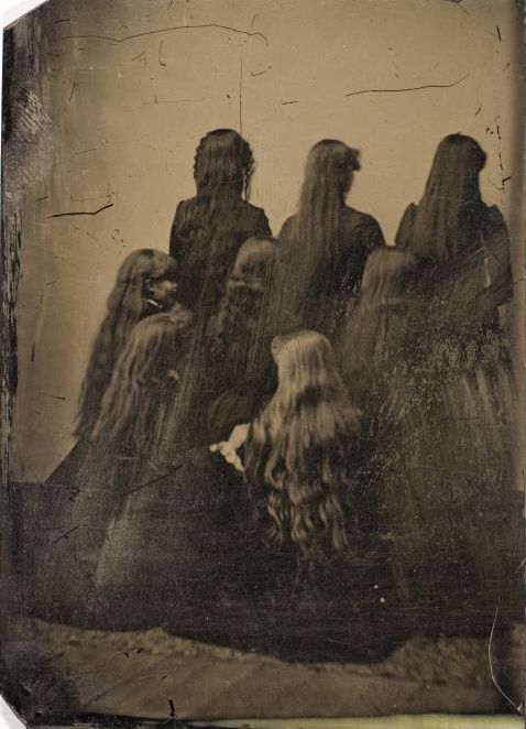 Kristin Holt | L-O-N-G Victorian Hair. Vintage photograph of the backs of 8 unidentified women. circa 1880. Tintype. International Center of Photogrophy