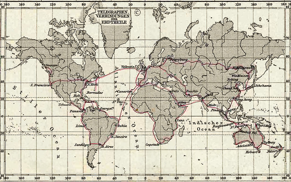 Kristin Holt | BOOK REVIEW: The Victorian Internet by Tom Standage. Vintage illustration showing major telegraph lines across the Earth in 1891. Image: Wikipedia, Public Domain.