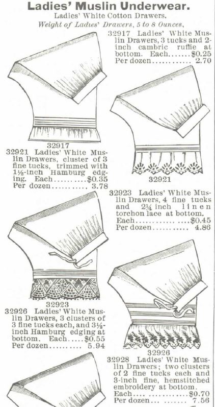 Kristin Holt | Victorian Ladies Underwear. Cotton Drawers for sale in Montgomery Ward Spring and Summer Catalogue, 1895. 1 of 2.