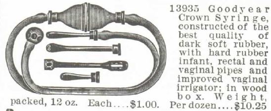 Kristin Holt | Victorian Era Feminine Hygiene. Goodyear Crown Syringe with vaginal and rectal pipes, constructed of the best quality of dark soft rubber. Sold by the 1895 Montgomery Ward & Co. Catalogue.