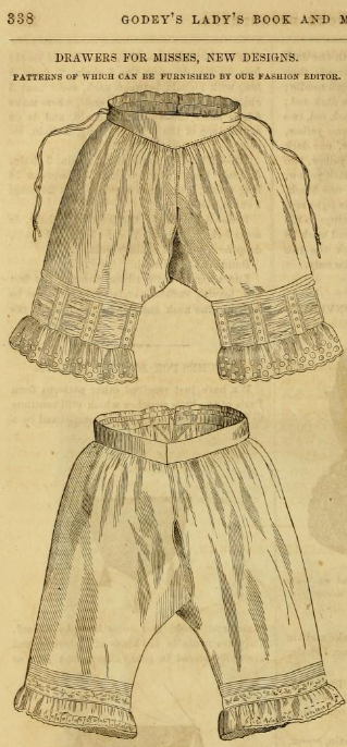 Kristin Holt | Victorian Ladies Underwear. Drawers Designs shown in Godey's Lady's Book and Magazine, October 1861.