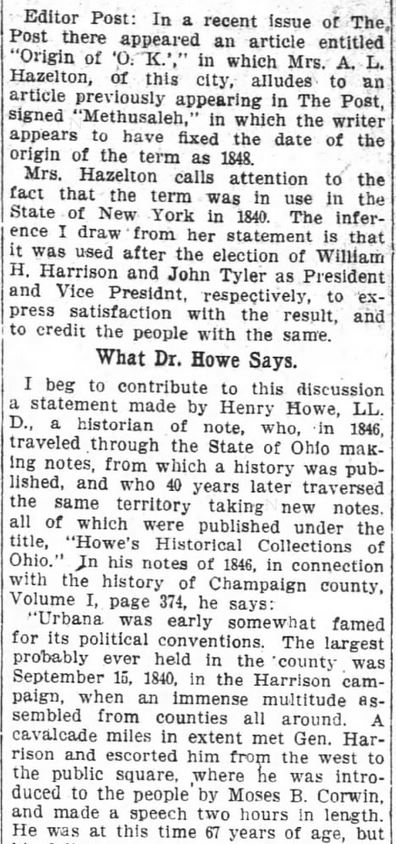 Kristin Holt | Is it Okay to Use O.K. in Historical Fiction? First Use O.K. Harrison's Campaign 1840. Part 2. The Washington Post. Washington DC. 21 Oct 1909