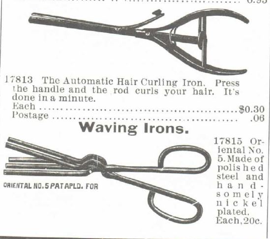 Kristin Holt | Victorian Curling Irons. Advertisement for Waving Irons (The Automatic Hair Curling Iron) from Montgomery Ward no. 57 spring and summer 1895