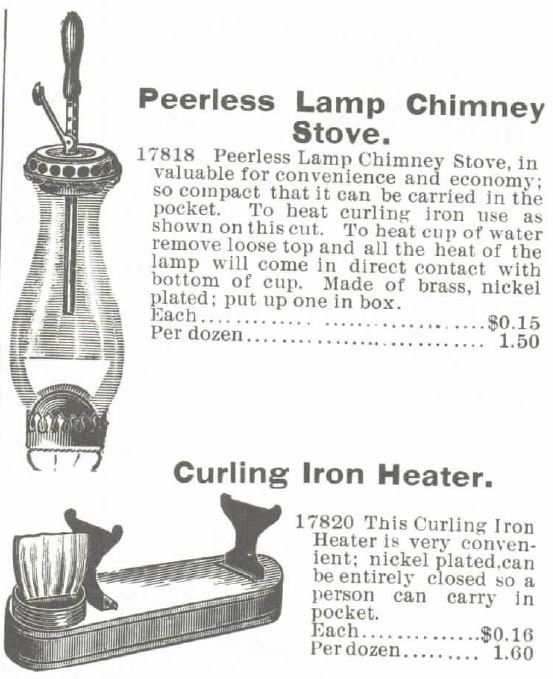 Kristin Holt | Victorian Curling Irons. Peerless Lamp Chimney Stove for Curling Iron and Curling Iron heater advertised in Montgomery Ward no. 57 spring and summer catalogue of 1895.